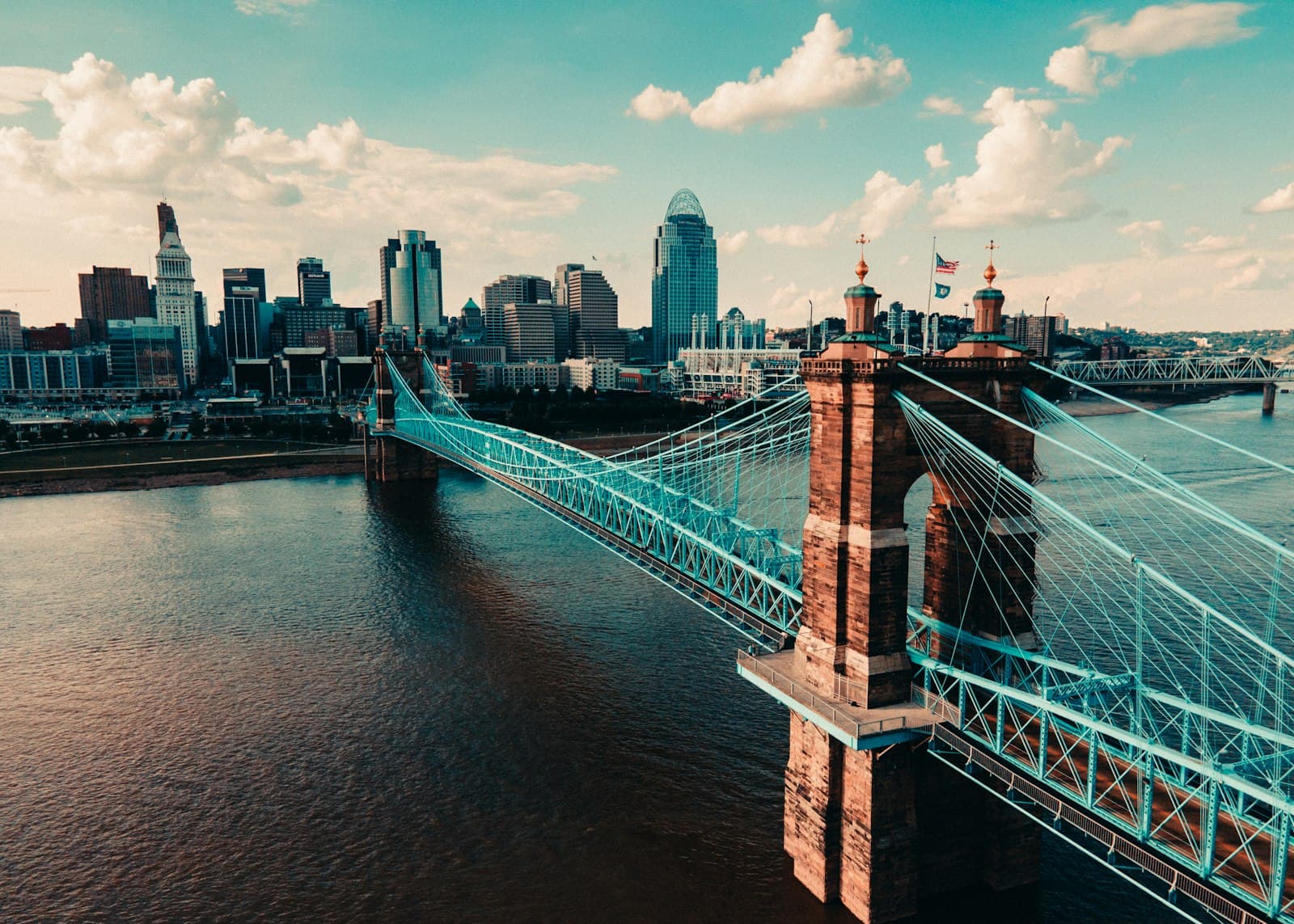 Cincinnati Ohio skyline with the Roebling suspension bridge over the Ohio River